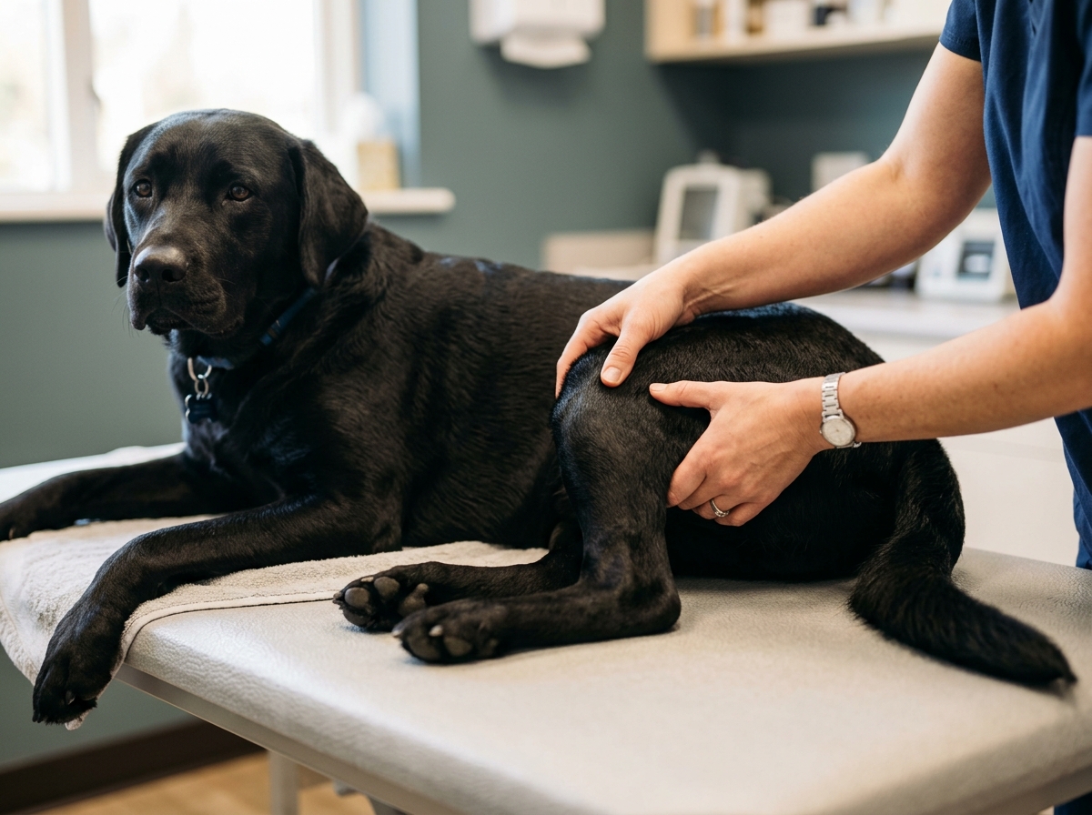 Tierärztliche Untersuchung des Kniegelenks bei einem ruhig liegenden schwarzen Labrador