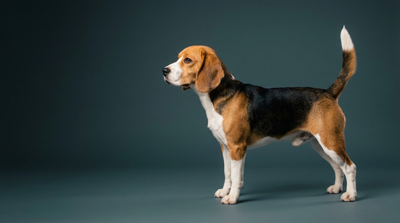 Gesunder erwachsener Beagle steht im Profil vor petrolfarbenem Hintergrund